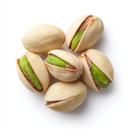 A close-up shot of fresh pistachios showcasing their green kernels nestled in split shells. Ideal for promoting healthy snacking and natural food.の素材