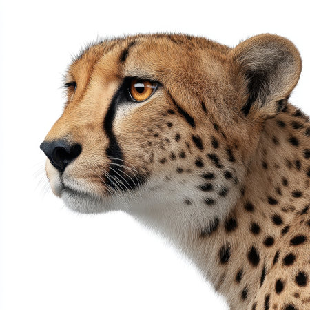 This stunning close-up features a cheetah in profile, showcasing its striking eyes and unique fur patterns. Captured in a natural setting, the image embodies the beauty and grace of wildlife.の素材
