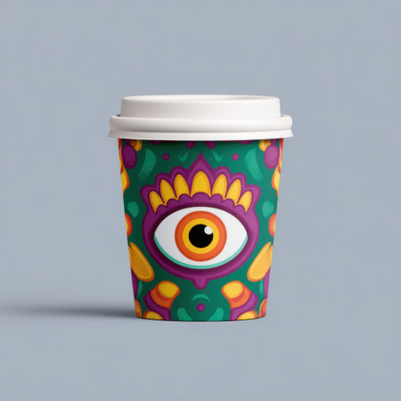 A stylish coffee cup featuring an eye-catching design with vibrant colors and artistic patterns, perfect for creative branding and modern beverage settings.の素材