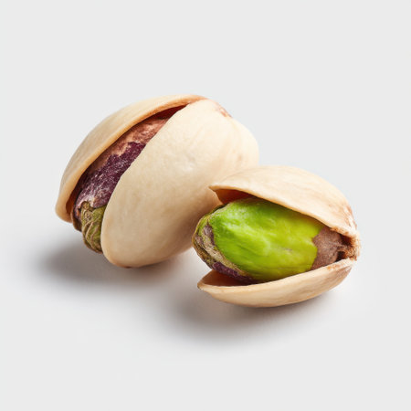 A closeup image of fresh pistachios, showcasing one nut in its shell and another that is opened. Perfect for healthy eating and snack ideas.の素材