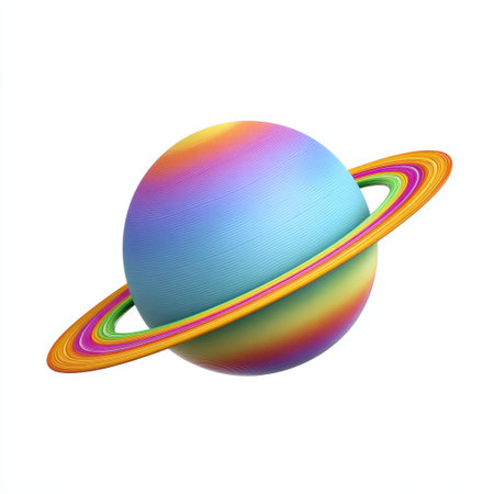Explore a vibrant and imaginative digital artwork depicting a colorful planet with rings, showcasing a blend of abstract and surreal elements in space.の素材