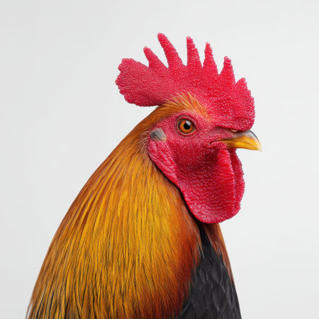 This striking portrait showcases a majestic rooster with vibrant feathers and a detailed comb. Perfect for farm-themed projects or wildlife imagery.の素材