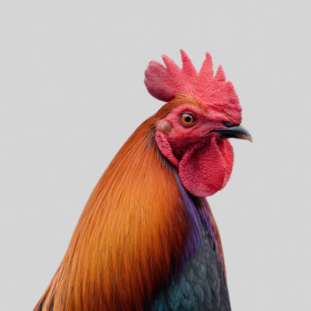 This stunning portrait captures the vibrant colors and intricate details of a rooster's feathers and comb, showcasing its natural beauty and character.の素材