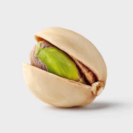 This detailed close-up features a single open pistachio shell showcasing the vibrant green nut inside. Ideal for food photography, healthy eating themes, and snack time imagery.の素材