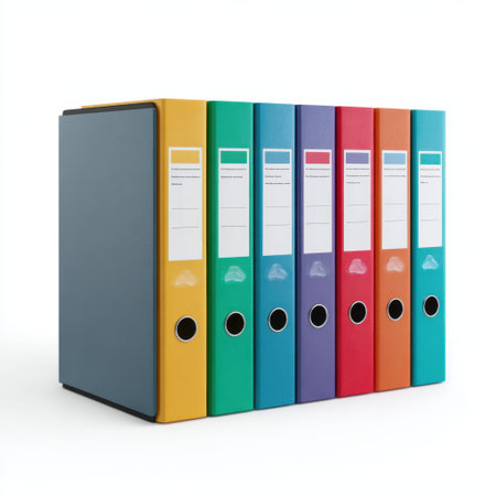 A vibrant display of colorful file folders arranged neatly on a white background, perfect for office organization, document management, and enhancing workspace efficiency.の素材