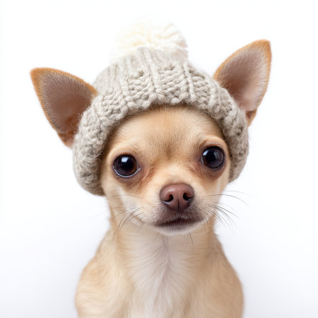 This charming image features a Chihuahua wearing a soft knit beanie adorned with a pom pom, radiating warmth and cuteness, ideal for pet lovers.の素材