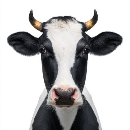 This striking close-up image showcases a black and white dairy cow, featuring its large expressive eyes and distinctive markings. The cow is set against a plain background, emphasizing its serene demeanor and gentle nature. Ideal for agricultural themes and animal-related projects.の素材