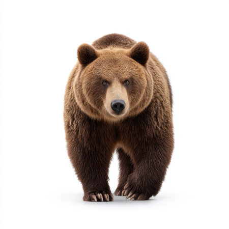 A stunning, detailed portrait of a majestic brown bear showcasing its powerful physique and calm demeanor against a soft, neutral background.の素材