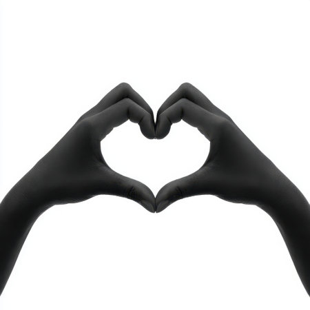 This artistic image features black gloved hands forming a heart shape, symbolizing love and compassion in a minimalistic style, perfect for creative projects.の素材