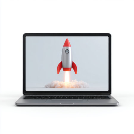 A sleek laptop displays a powerful rocket launching into the sky, symbolizing innovation and technological advancement in a modern workspace.の素材