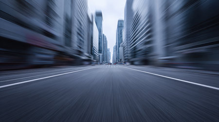 Dynamic view of an urban street, featuring towering skyscrapers and a sense of motion, evoking the vibrant energy of city life and modern architecture.の素材