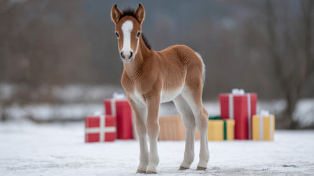 A charming foal stands gracefully in a snowy landscape, surrounded by colorful Christmas gifts, creating a delightful winter scene perfect for holiday-themed projects.の素材