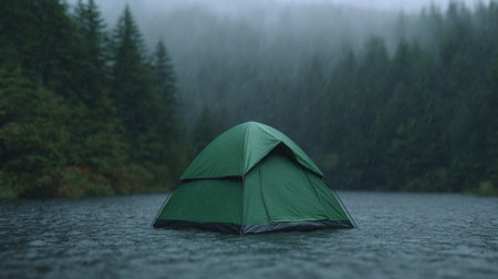 A serene camping scene featuring a green tent amid a tranquil lake in a rain-soaked forest, capturing the essence of peaceful outdoor adventures.の素材