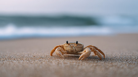 A stunning close-up view of a lone crab perched on soft sand, with gentle ocean waves softly lapping in the background, showcasing nature's beauty.の素材