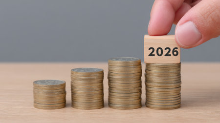 A hand places a wooden block marked with "2026" on a carefully arranged stack of coins, symbolizing financial growth and future planning strategies.の素材
