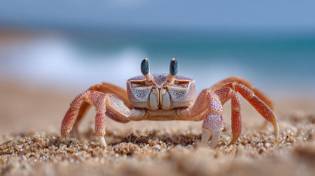 A vibrant crab stands proudly on a sandy beach, showcasing intricate details and colors against the soft backdrop of ocean waves under natural light.の素材