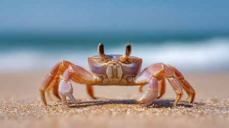 A vibrant close-up photograph of a small crab standing on sandy beach, with gentle ocean waves and bright sunlight creating a serene and natural atmosphere.の素材