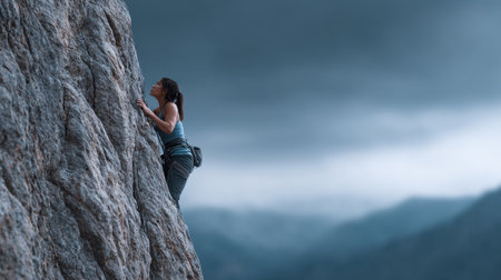 A determined woman climbs a rocky mountain wall, showcasing strength and skill against a dramatic cloudy sky. The scene captures the essence of outdoor adventure and personal achievement during a challenging climb in a breathtaking landscape.の素材