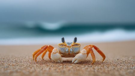 A vibrant crab stands on a sandy beach, showcasing its unique features against a backdrop of gentle ocean waves. Perfect for nature enthusiasts.の素材