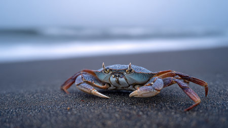 A vibrant crab stands prominently on a sandy beach, showcasing detailed features while the gentle ocean waves roll in the background, creating an inviting coastal scene.の素材