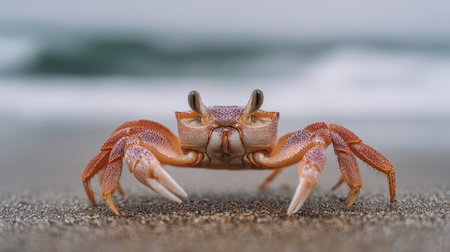 A captivating close-up image of a vibrant crab standing on sandy beach, surrounded by gentle ocean waves, showcasing nature's intricate details.の素材