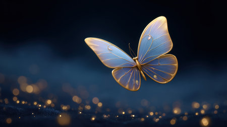 This stunning image features a delicate blue butterfly gracefully illuminated in a dark setting, surrounded by ethereal sparkling lights, creating a magical and serene atmosphere perfect for nature and fantasy themes.の素材