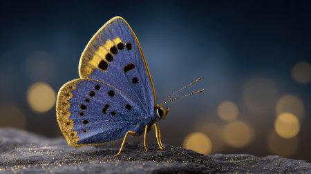 This captivating macro photograph features a vibrant blue butterfly displaying stunning yellow patterns, set against a soft glowing background.の素材