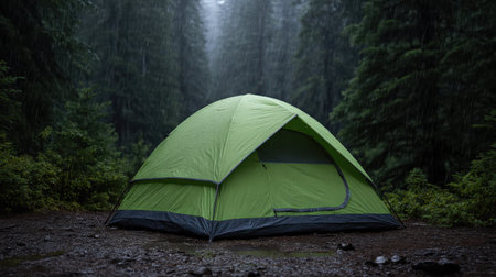 A vibrant green tent stands in a rain-soaked forest, surrounded by lush trees and a misty atmosphere. Perfect for camping enthusiasts seeking solitude.の素材
