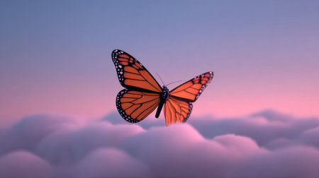 A stunning monarch butterfly soars gracefully over soft clouds, illuminated by a pastel sunrise. The vibrant colors and delicate wings capture the essence of freedom and tranquility in nature.の素材