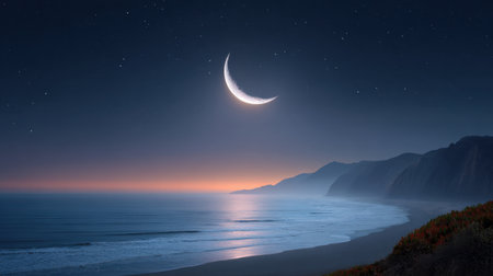 A tranquil night scene featuring a crescent moon shining over gentle ocean waves. Majestic coastal mountains frame the horizon, creating a serene atmosphere.の素材