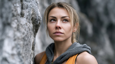 A young woman climber gazes upward at a rocky cliff, embodying focus and determination during her outdoor adventure in nature's stunning scenery.の素材