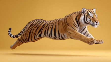 A striking image of a tiger mid-leap against a bright yellow background, capturing the essence of wild beauty, power, and agility in nature.の素材