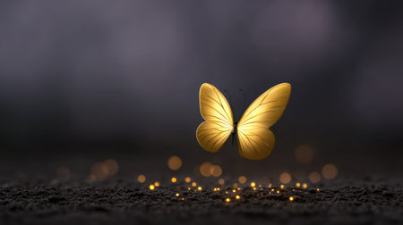 This stunning image showcases a delicate golden butterfly gracefully hovering above a dark surface, surrounded by soft sparkling lights, embodying serenity and natural beauty.の素材