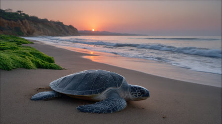 A tranquil scene featuring a sea turtle resting on sandy beach just as the sun sets over the horizon, casting soft colors across the sky and waves.の素材
