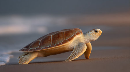 A serene scene features a sea turtle making its way across a sandy beach at sunset, with gentle waves creating a tranquil backdrop for nature's beauty.の素材