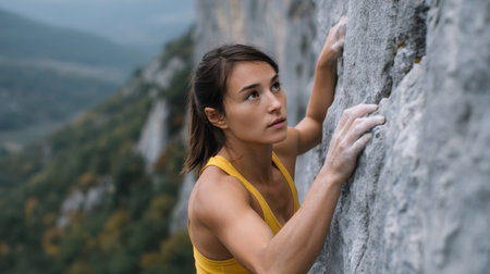 A focused female athlete ascends a steep rock cliff, showcasing her strength and determination against a stunning natural backdrop.の素材