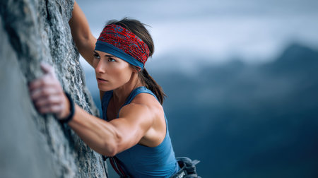 A determined female climber scales a challenging rock face, showcasing her strength and focus against a stunning outdoor backdrop. The image captures the essence of adventure and perseverance in nature.の素材