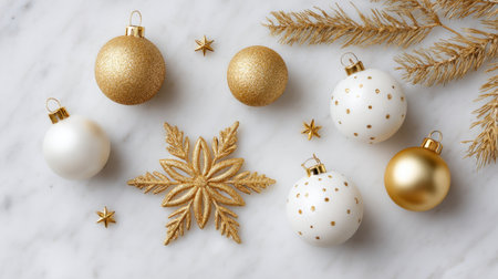 This beautiful arrangement features gold and white Christmas ornaments alongside decorative stars and pine leaves on a marble surface, perfect for holiday cheer.の素材