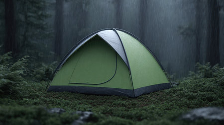 A vibrant green camping tent stands alone in a beautiful rainy forest, emphasizing the peaceful isolation amidst lush greenery and trees.の素材