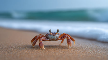 A stunning close-up of a crab on a sandy beach, set against the backdrop of gentle waves rolling in, capturing the essence of coastal wildlife.の素材