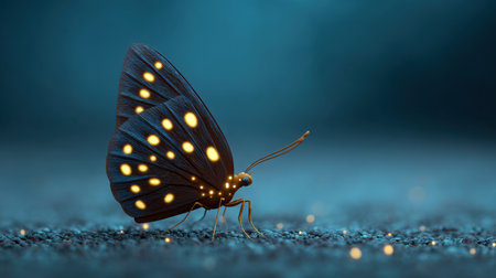 A luminous butterfly rests gracefully against a soft background, showcasing intricate patterns on its wings. The serene setting captures the beauty of nature's wonders and evokes a sense of tranquility and enchantment.の素材