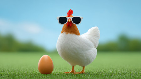 A playful chicken wearing sunglasses stands confidently beside an egg on lush green grass. This whimsical scene captures a lighthearted moment in nature's vibrant setting.の素材