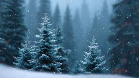 A serene winter scene featuring snow-covered pine trees in a misty forest. Light snowfall enhances the tranquil atmosphere, creating a peaceful outdoor landscape.の素材