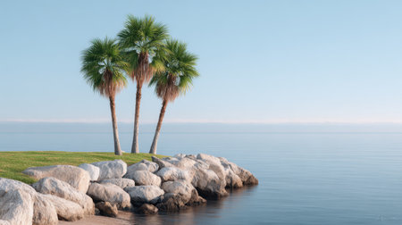 A tranquil coastal scene featuring three palm trees alongside serene water and smooth rocks, perfectly capturing the essence of a peaceful summer day.の素材