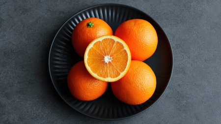 This image captures a vibrant arrangement of fresh oranges on a black plate, with one orange beautifully sliced in half, showcasing its juicy interior.の素材