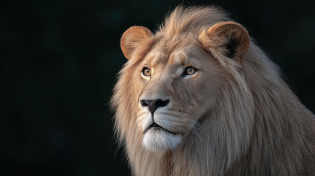A stunning close-up portrait of a lion showcases its majestic features and fierce expression, highlighting the natural beauty and allure of wildlife.の素材