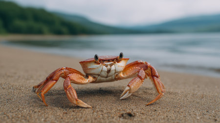 A striking close-up of a brown crab perched on the sandy beach, showcasing its intricate details and vibrant colors against a serene water backdrop.の素材