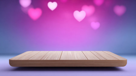 Charming wooden platform set against a dreamy pink and purple background, adorned with soft, blurred heart shapes, ideal for love-themed projects or romantic events.の素材