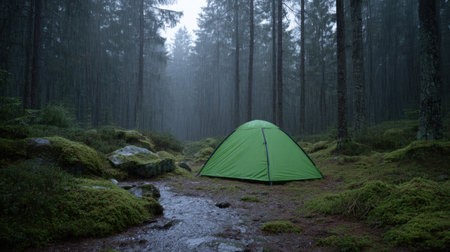 A solitary green tent stands amidst a lush forest scene, surrounded by rain-soaked trees and mist. Perfect for evoking tranquility and adventure in nature.の素材