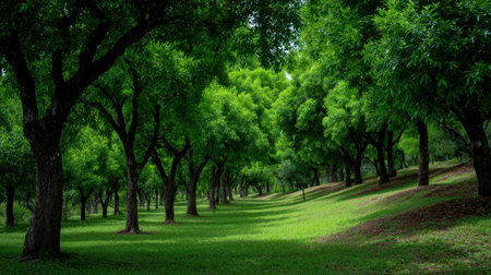 Explore a serene forest pathway lined with lush green trees that create a peaceful ambiance, inviting you to connect with nature and enjoy tranquility.の素材